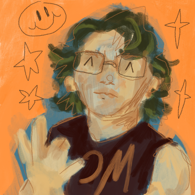 cartoony portrait of an individual with short green hair, glasses and a cropped shirt. the background is orange and surrounded with doodles.