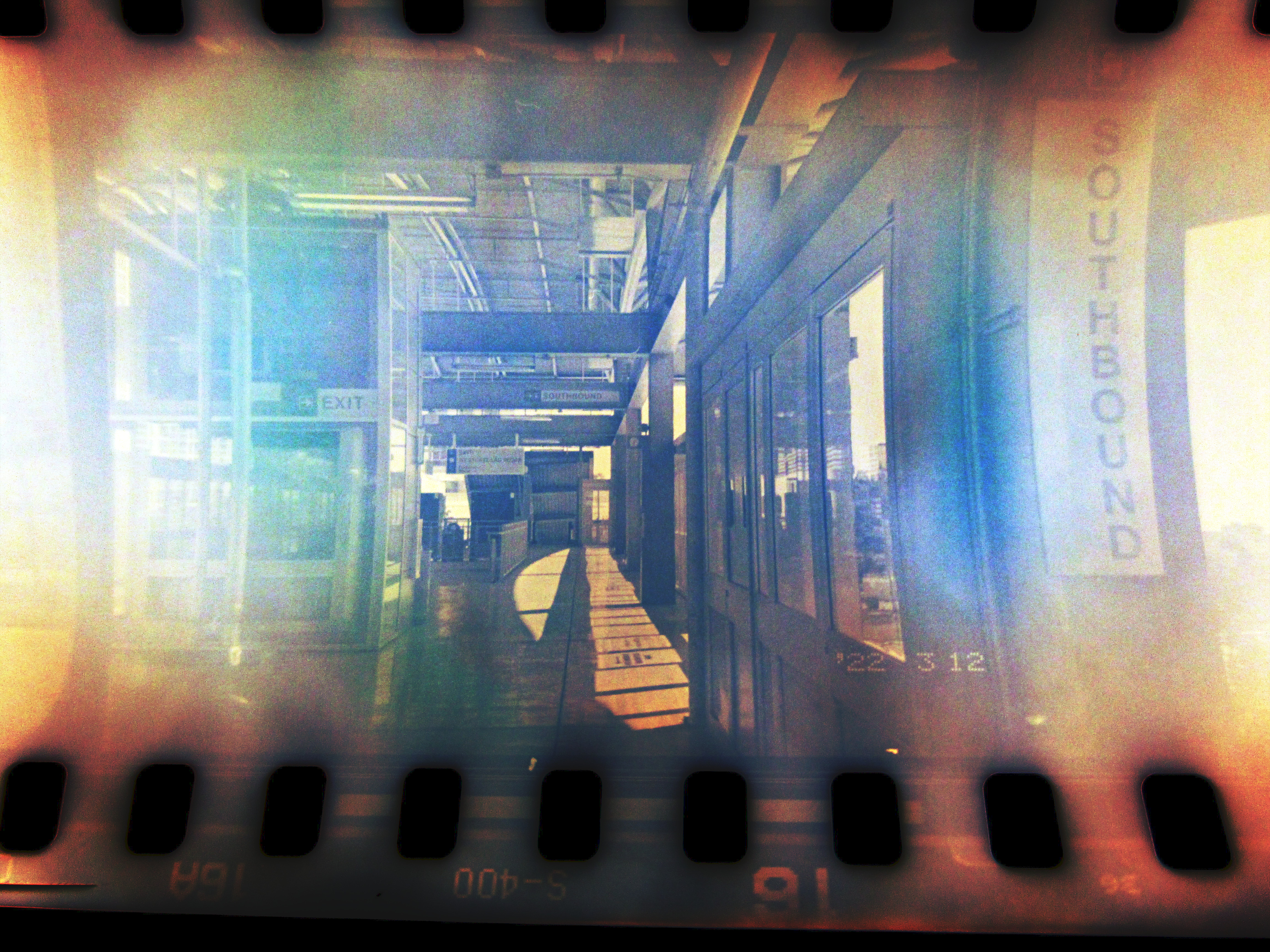 monochrome film exposure of a bus station